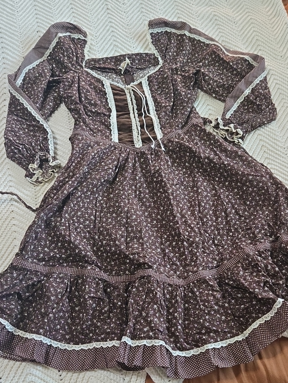 Vtg Gunne Sax SF Brown Corset Style Floral Lace-Trimmed Dress